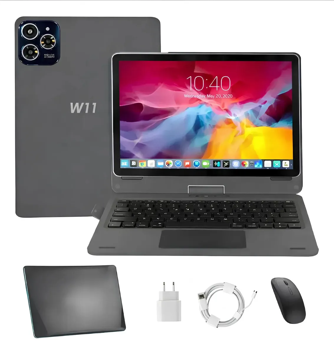 Notbook Android Tablet 10 Android 14 | Tela Rotacional 360° | 12gb Ram + 256gb | Estilo Notebook 2 Em 1 | Teclado E Mouse Inclusos Placa Gráfica Hancdon Cinza