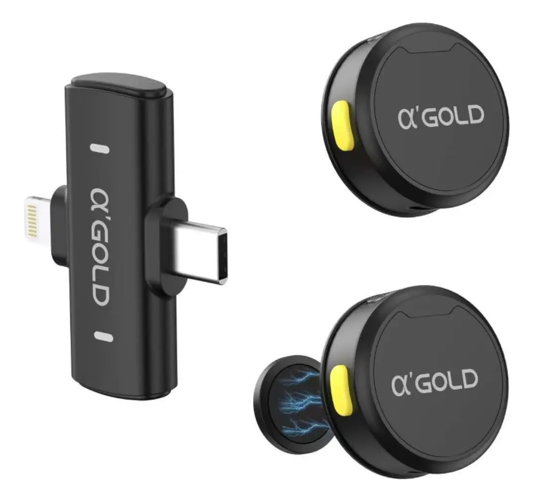 Microfone Lapela A'gold Mcf-38d Sem Fio Para iPhone E Android Com 2 Microfones Preto