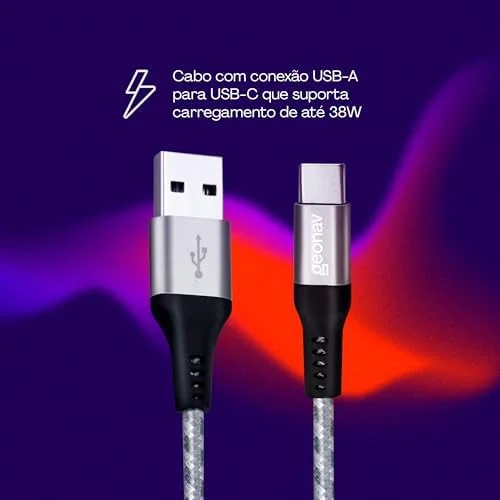 Geonav Cabo USB-C (tipo C) para USB, carregamento rápido, nylon trançado, 1,5MT, UCC06, Cinza/Branco
