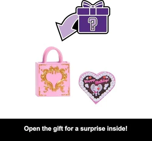 Monster High Cupid Asteria boneca com vestido de festa rosa e vermelho e acessórios temáticos como um convite, um balão, um presente, um leque e muito mais, JBG77