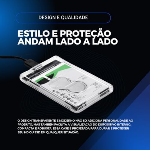 Case para HD transparente, Usb 3.0, transmissão 6gbps, Sata 2.5", Hhd ou Ssd, Ecase-300
