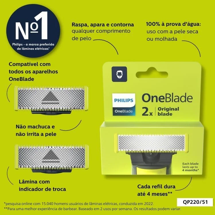 Lâminas de Reposição Originais Philips OneBlade QP220/51 Aço Inoxidável, Raspa, Apara e Contorna - Pacote com 2. Compatível com o barbeador eletrico OneBlade