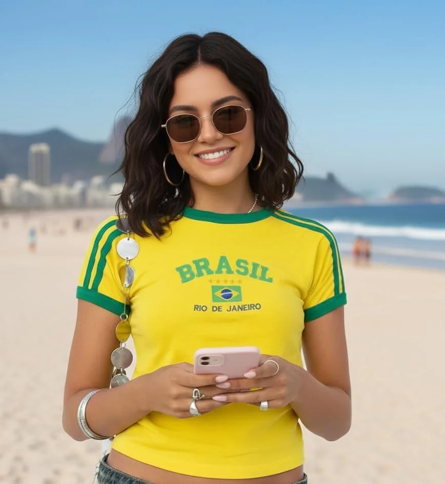 Camisa Brasil Bordada BabyLook Feminina