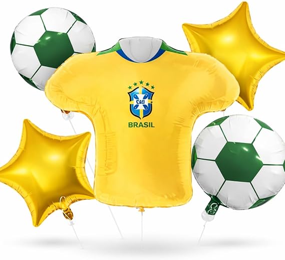 Kit Balões Futebol Copa Brasil Premium – Decoração Festa Futebol com Bola, Taça Champion, Camisa Brasil, Orbz 4D e Kits Variados (Kit Camisa Brasil 5 Peças)