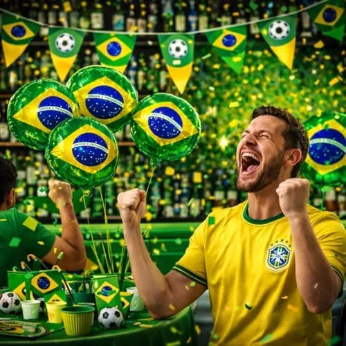 Balão Bandeira do Brasil 18" 45cm Metalizado Kit 5 Unidades Decoração Copa do Mundo Festa Futebol Verde Amarelo