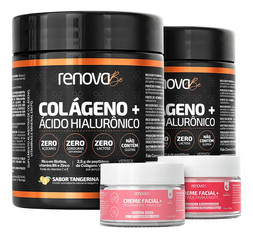 Kit 2x Colágeno + Ácido Hialurônico Renova Be Verisol Hidrolisado Zero Lactose Vitaminas E C B6 Proteína Biotina Zinco