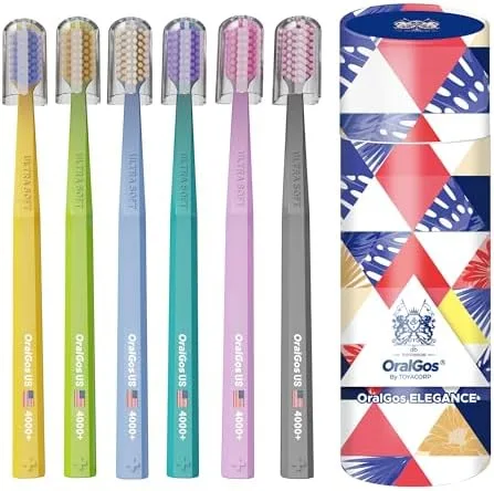 OralGos Escova de Dentes Premium Kit 6 unidades, Cerdas Ultra Macias, com Protetor de Cerdas, Design Colorido, Suave para Gengivas, Ideal para Presente e Uso Diário, Portátil Embalagem Luxo em Tubo