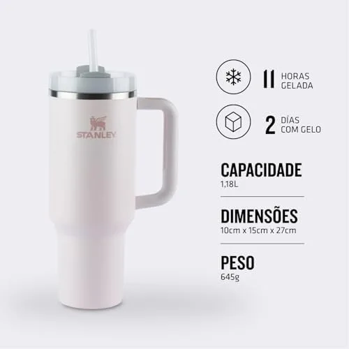 Stanley - Quencher H2.0 FlowState 1,18L - Copo de aço inoxidável com isolamento a vácuo, tampa e canudo, para água, chá gelado, café, smoothies e muito mais, Rose Quartz