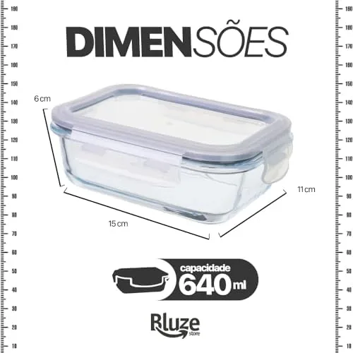 Kit 6 Potes de Vidro Borossilicato Retangular 640ml Marmita Com Tampa Hermética 4 Travas Resistente Livre de BPA Ideal para Conservação de Alimentos Freezer Micro-ondas Lava-louças Premium