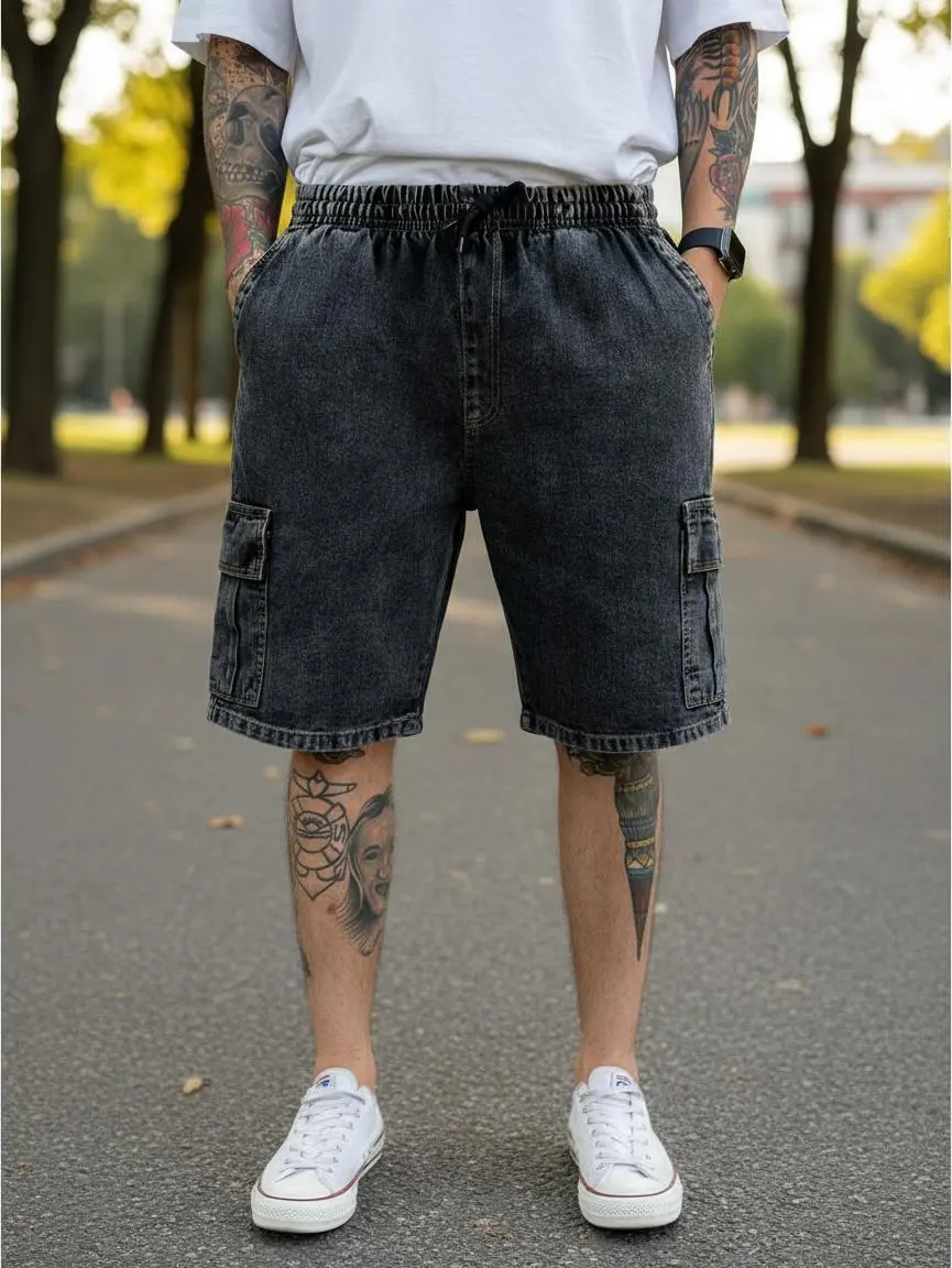 Shorts Jeans Cargo Grafite Estonado Mauricinho Cós Elástico
