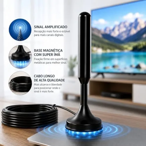 Antena TV Digital Amplificada Interna e Externa HDTV UHF VHF, Base Magnética com Super Ímã, Cabo de Longo Alcance, Compatível com TV Digital Full HD e 4K