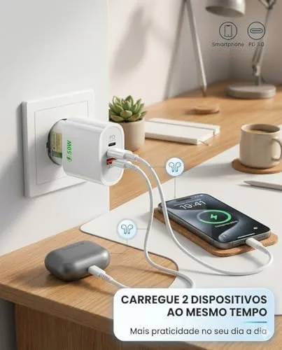 Carregador Turbo 50W + Cabo Tipo C, 2 Entradas USB e USBC, Carrega 2 Dispositivos, Turbo - Fonte e Cabo 50W, i.Phone 15, 16, 17, Galaxy, S.amsung, X.iaiomi, Android, Tecnologia Power Delivery