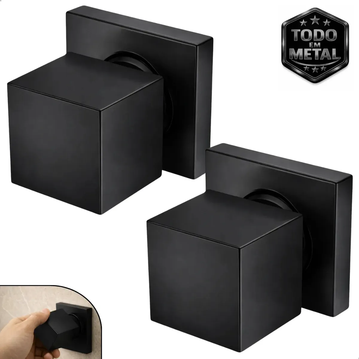 Kit 2 Acabamento Registro Chuveiro Quadrado Padrão Deca 1/2 E 3/4 E 1 Polegada 100% Todo Metal Preto Fosco Com Kit Fixação Completo De Parede Banheiro Geral - Softinox Kit 2 Preto/fosco