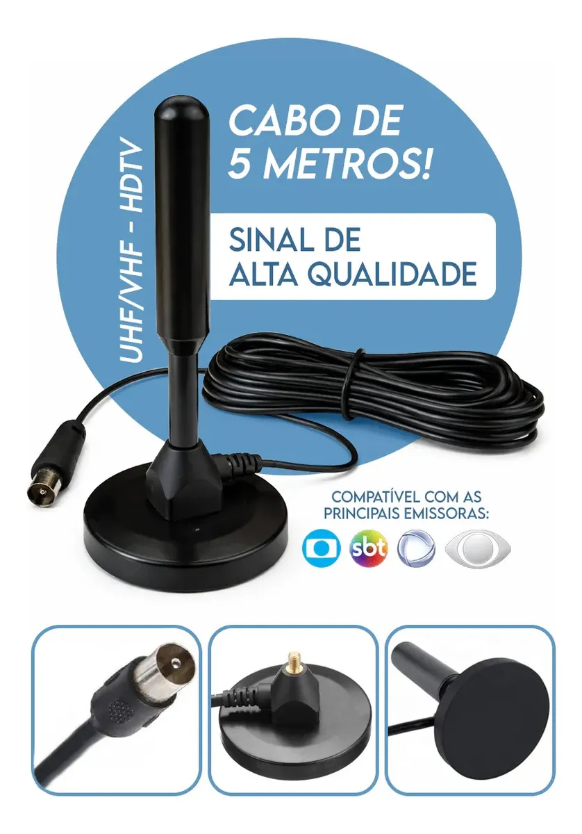 Antena Tv Digital Interna Externa Uhf Vhf Em Alumínio Com Base Magnética Cabo 5m Alta Definição Para Tv E Conversor Sinal Estável Instalação Fácil Sem Mensalidade Davely Preto