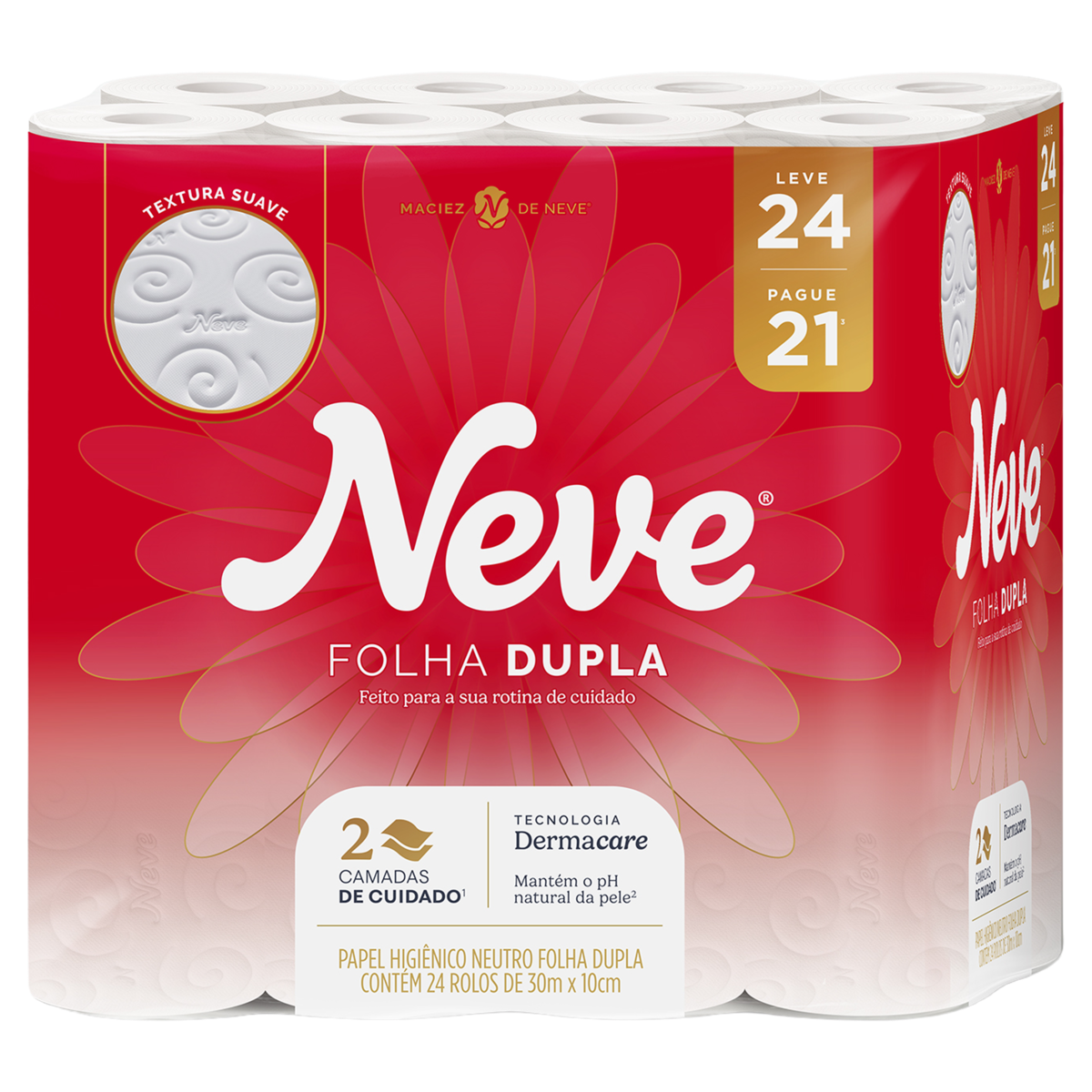 Papel Higiênico Folha Dupla Neutro Neve Toque da Seda 30m Pacote Leve 24 Pague 21 Unidades