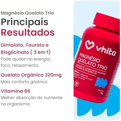Vhita Magnesio Quelato Trio, Dimalato, Bisglicinato e Taurato, com Vitamina B6, 60 Cápsulas