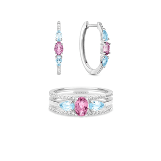 Conjunto Anel + Argola em Prata 925 com Ametista Roxa e Topázio Azul