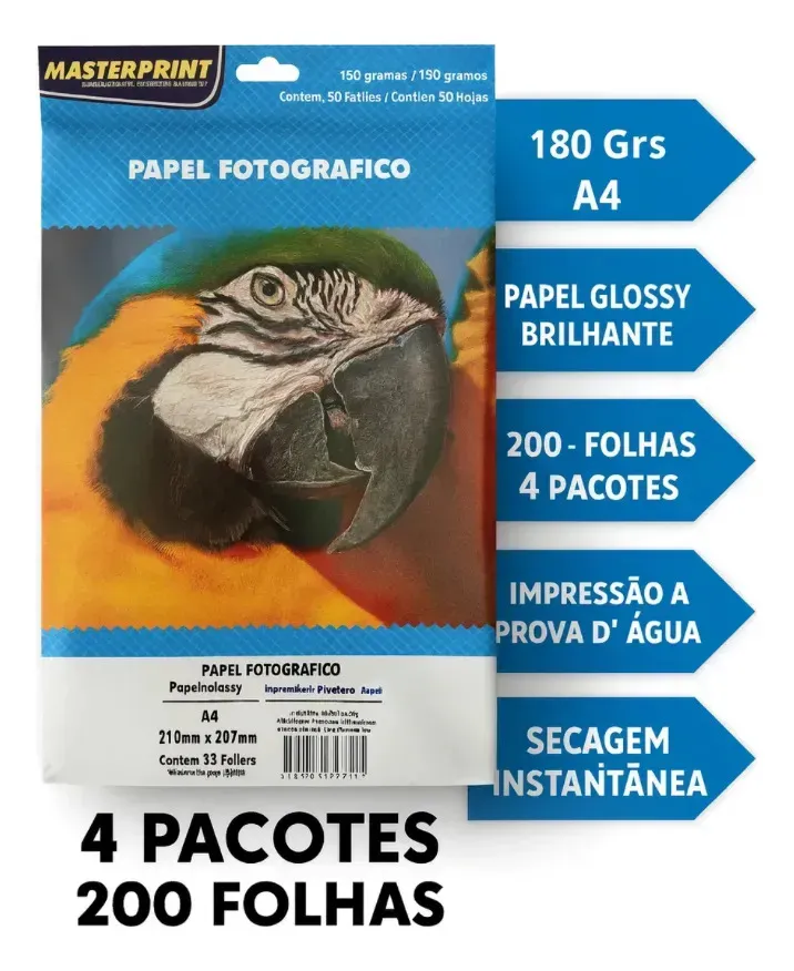 Kit 200 Folhas Papel Fotografico A4 Glossy 180g Masterprint Cor Branco