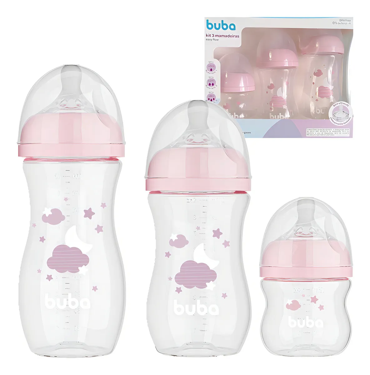 Kit 3 Mamadeira Easy Flow Anticólica Buba 120 270 330ml Cor Rosa Nuvem