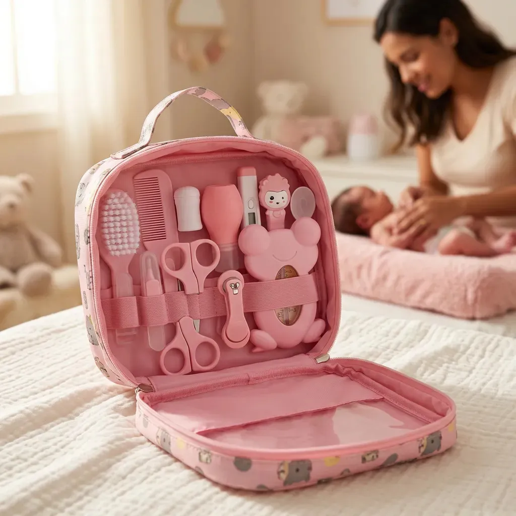 Kit Higiene Bebê Completo Rosa Bolsa Maternidade Termômetro Digital Escova Pente Cortador Unha Aspirador Nasal Cuidados Recém Nascido Enxoval Acessórios Higiene Infantil Segurança Louis Riel Acustico