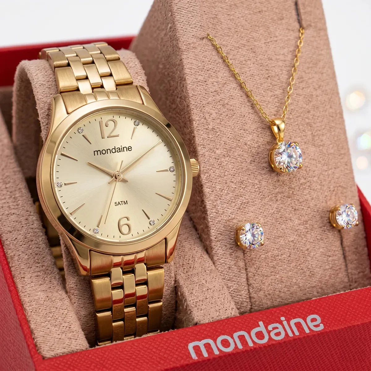 Relógio Mondaine Feminino Dourado Clássico com Semijoias Kit 32606lpmkde1k1
