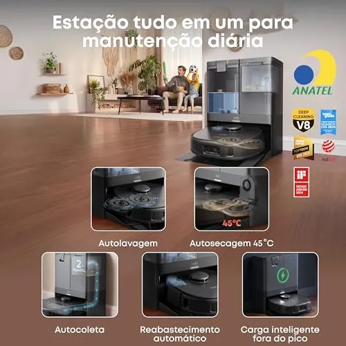 eufy X10 Pro Robô aspirador, Aspiração forte, Evita obstáculos com Laser e IA, Lava e seca sozinho, Esvazia e repõe água automaticamente, Escovas antiembaraço, Perfeito para casas com pets, 220V.