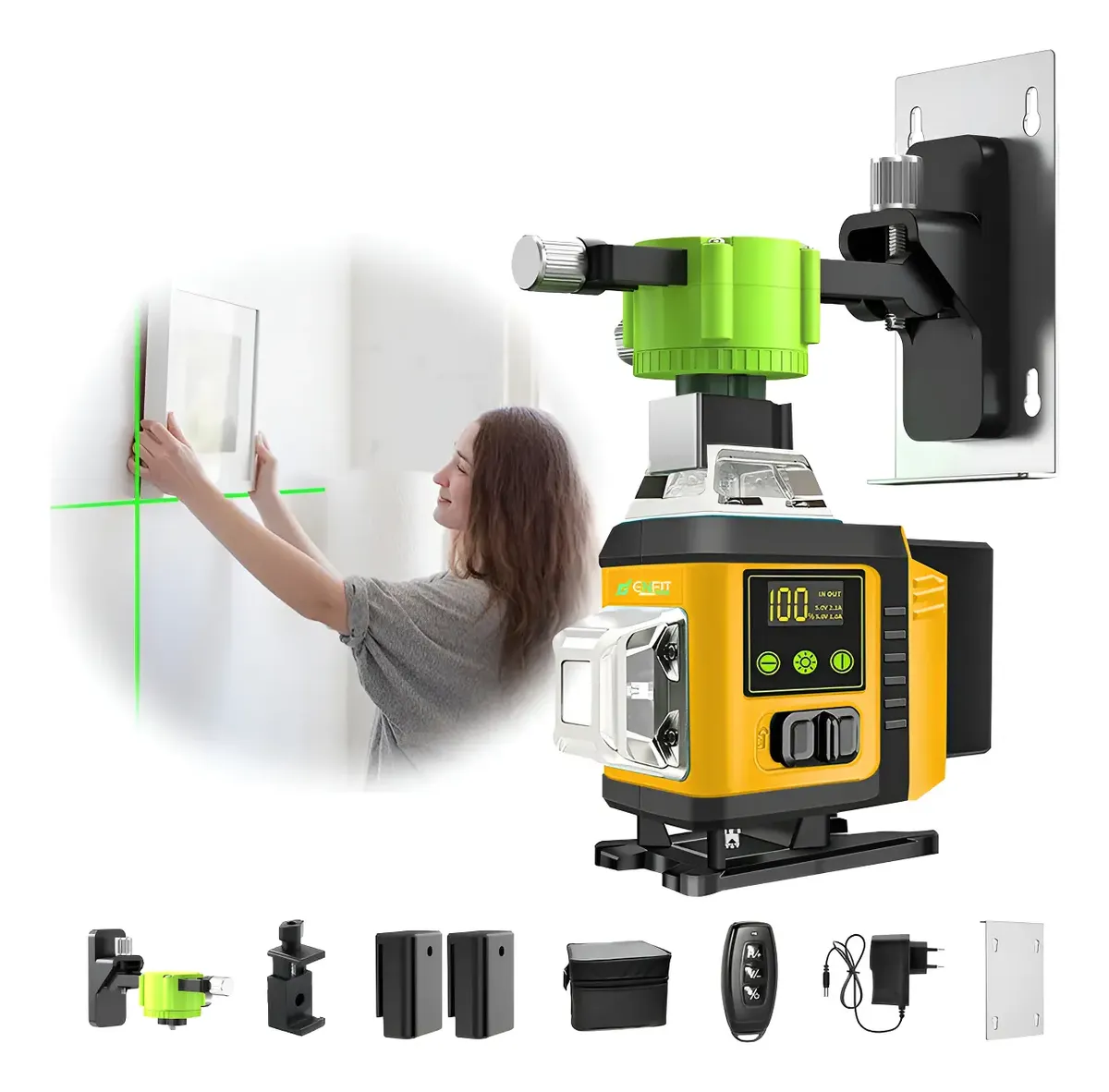 Nível Laser Verde 16 Linhas Autonivelante Tela Lcd 2 Bateria