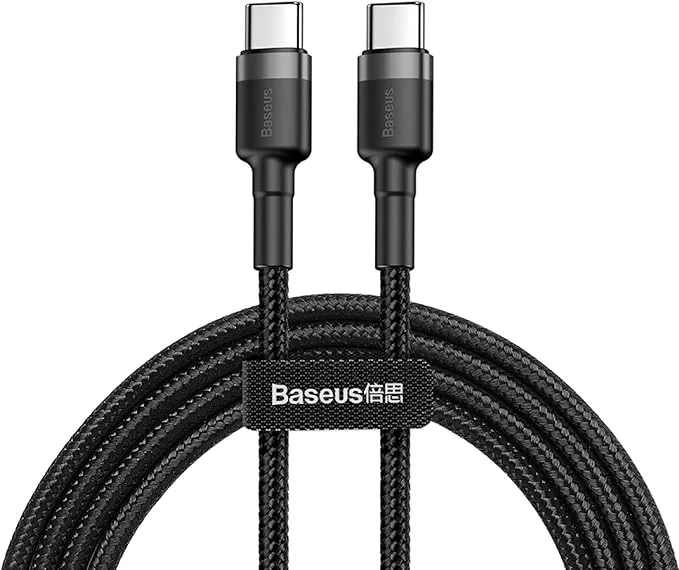 Cabo de 2 metros de Nylon BASEUS Turbo tipo C P/tipo C 60wats 3amp Cor Preto (2M - USB-C P/USB-C)