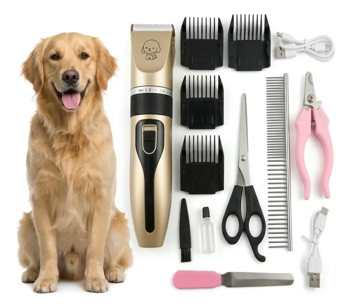Kit Máquina Tosa Pet Profissional Silenciosa Bivolt Cão Gato Cáqui 127/220v