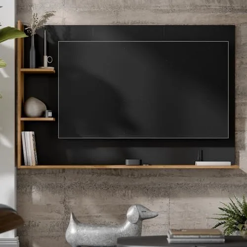 Painel Para TV 50 Polegadas Smart Para Sala Quarto Nicho Com Prateleira Berlim - Quality Móveis (Preto/Nature)