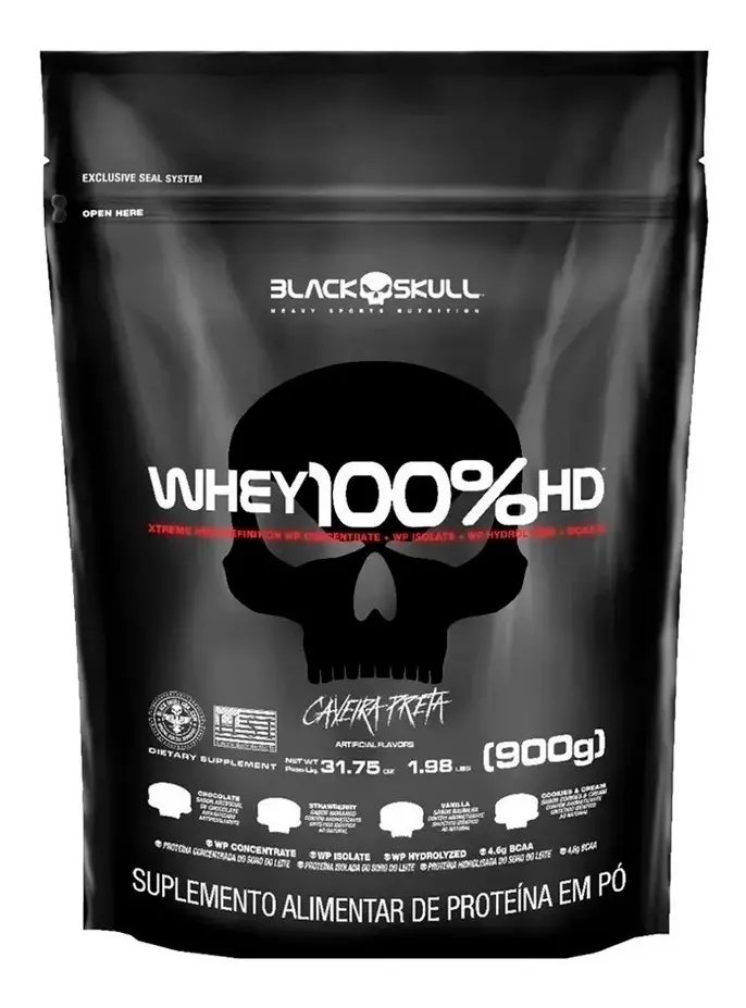 Suplemento em Pó 100% Hd Refil Black Skull - 900g Wpc Wpi E Wph Sabor Chocolate