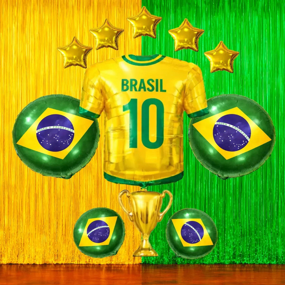 Kit Decoração Copa Do Mundo Cortina Metalizada Camisa Brasil Painel Verde Amarelo Balões Bandeira Do Brasil