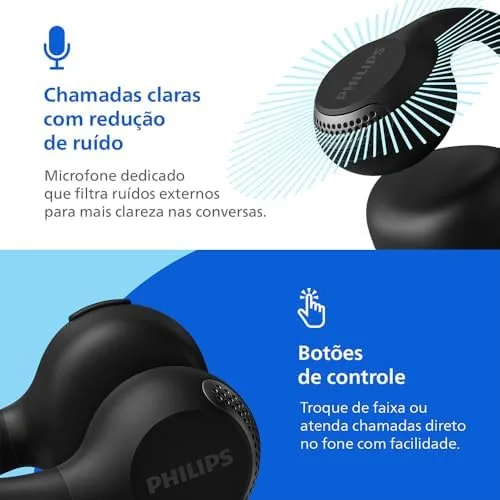 PHILIPS, Fone de Ouvido Sem Fio TWS, TAQ2000BK/00, Bluetooth, Design Aberto Ear-Clip, Com Microfone, Até 28 horas de bateria, iPX4, Preto