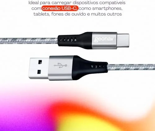 Geonav Cabo USB-C (tipo C) para USB, carregamento rápido, nylon trançado, 1,5MT, UCC06, Cinza/Branco