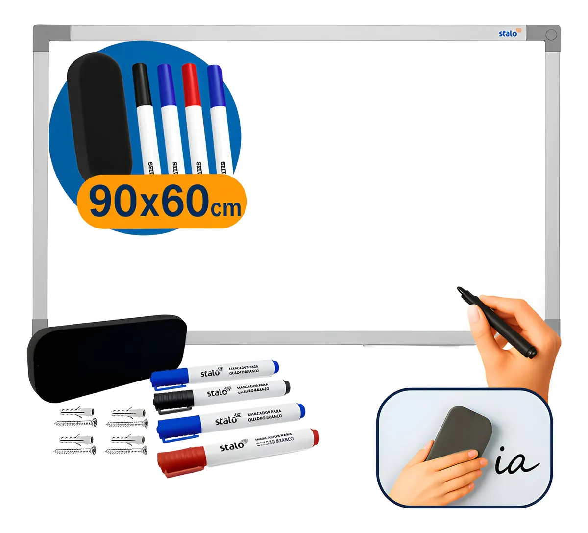 Quadro Branco 90x60 Stalo Lousa Com Apagador E 4 Canetas Branco