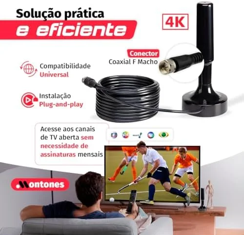 Antena Digital 4k Smart Tv Full Hd Amplificada Interna E Externa Cabo 5 Metros Base Imã - Montones