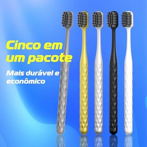 OralGos Escova de Dente Adulto, 5 Unidades, Cerdas de Carvão Ativo, Macia, Para Gengivas Sensíveis, Multi-Cores, Prática para Viagem e Uso Familiar