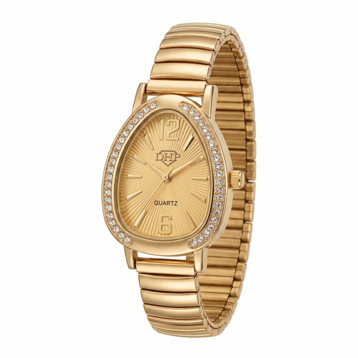 Relógio Feminino Luxo Gota Com Strass Correa Metal + Caixa Dourado