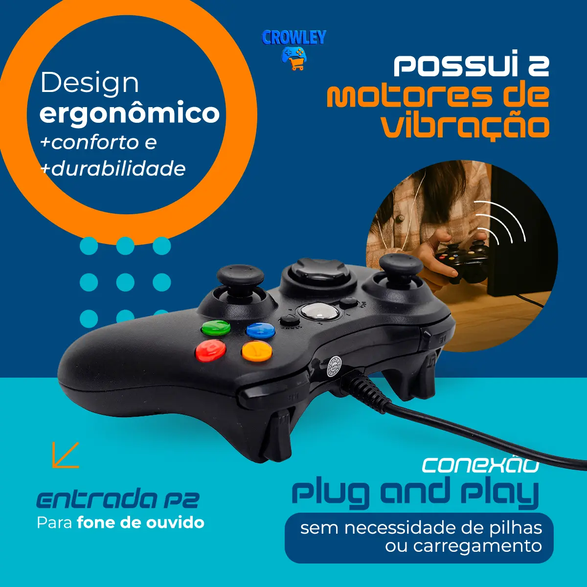 Controle Para Xbox 360 Com Fio Joystick Manete Gamepass Steam Tv Pc Android - Crowley