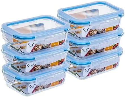Gato Panda Kit 6 Potes de Vidro Hermético 640ml Borossilicato com Tampa 4 Travas – Recipiente Retangular para Marmita, Micro-ondas, Forno e Freezer – Armazenamento de Alimentos – Sem BPA