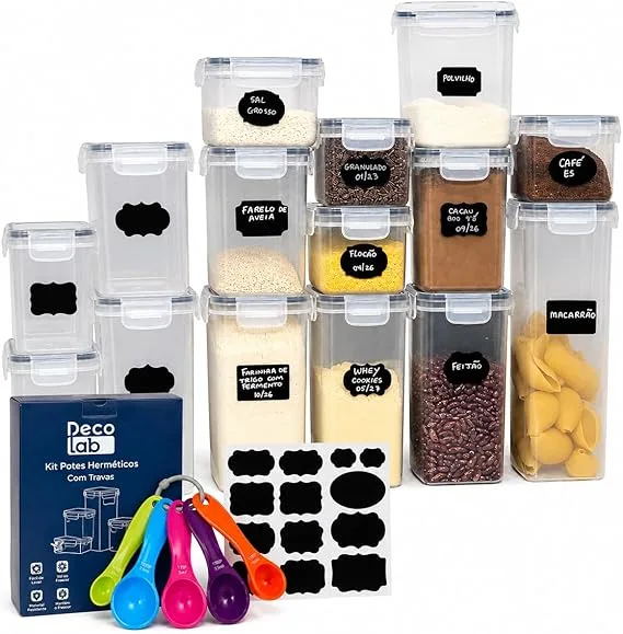 Decolab Kit Potes Herméticos Plástico com Vedação BPA Free - Organizador de Geladeira, Porta Cereais, Temperos e Mantimentos (15, transparente, Retangular) 4x 0,8L / 6x 1,4L / 4x 2,0 / 1x 2,8L