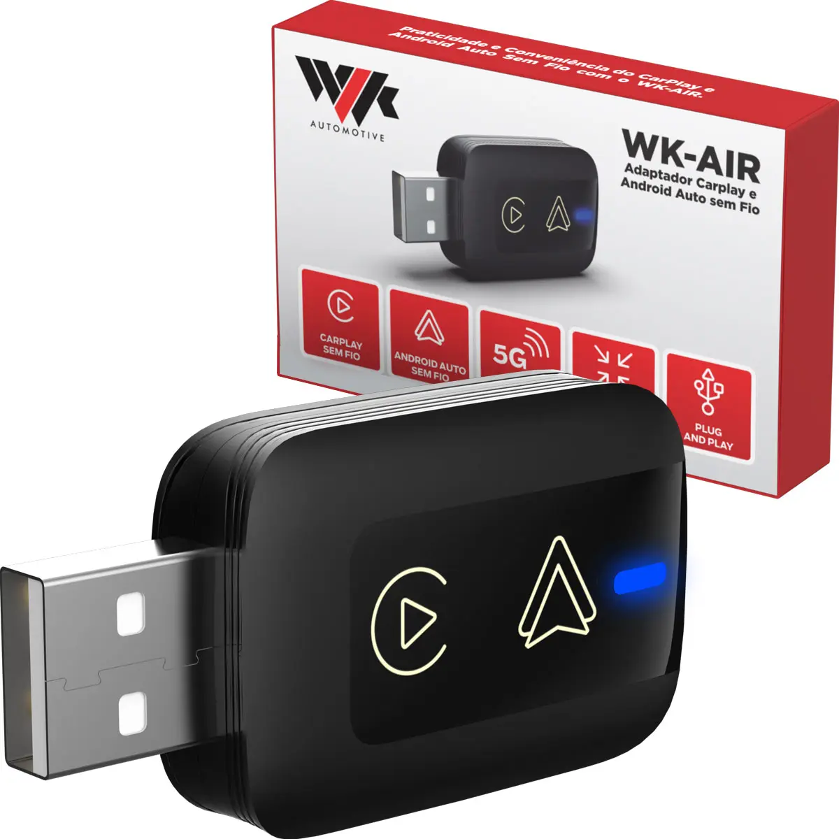 Adaptador Sem Fio Carplay E Android Auto Universal Wi-fi Wlk Automotive Wk-air Cor Preto
