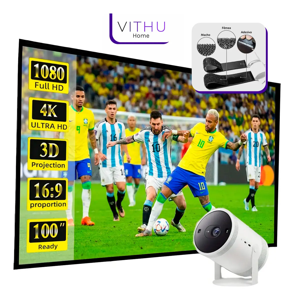 Tela de Projeção Vithu para Projetores, 150" (2,5m x 1,5m), Full HD, com Velcro