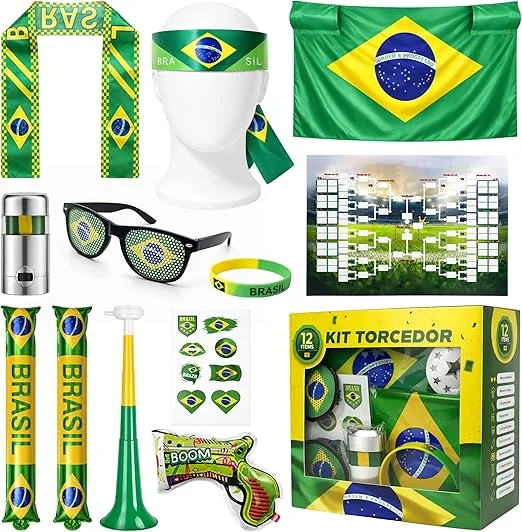 MBOX Kit Torcedor Brasil Copa 2026 12 Peças – Fantasia Completa com Faixa Cabeça, Óculos, Bandeira 150x90cm, Bastões Infláveis, Corneta, Tinta Facial e Lança Confete – Festa Churrasco