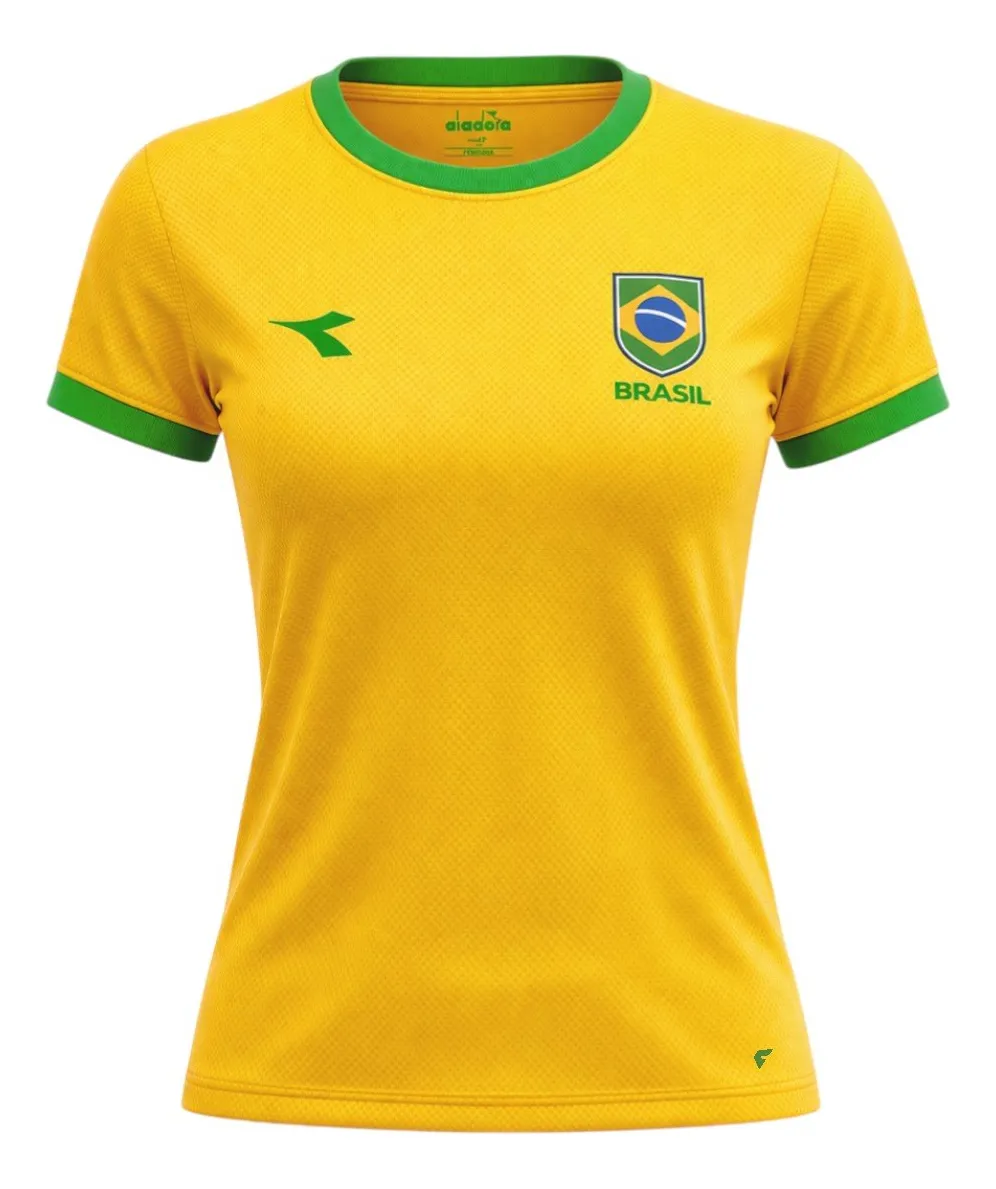 Camiseta Brasil Feminina Seleção Brasileira Copa Diadora Amarela Canario E Verde Não M
