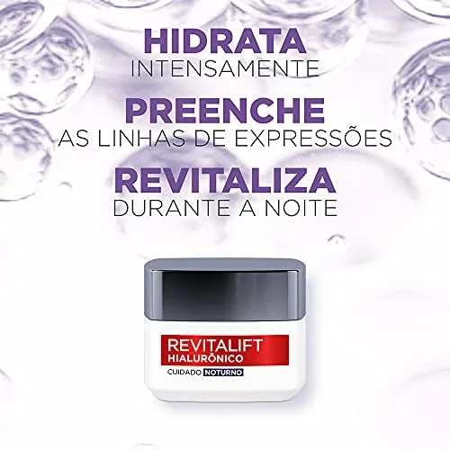 L'Oréal Paris Revitalift Hialurônico Creme Facial Noturno, com Ácido Hialurônico Puro, Com textura leve, preenche linhas de expressão e hidrata a pele intensamente por 24h, 49g