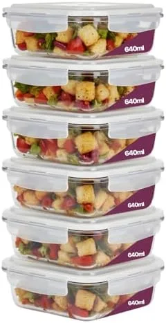 Kit 6 Potes de Vidro Borossilicato Retangular 640ml Marmita Com Tampa Hermética 4 Travas Resistente Livre de BPA Ideal para Conservação de Alimentos Freezer Micro-ondas Lava-louças Premium