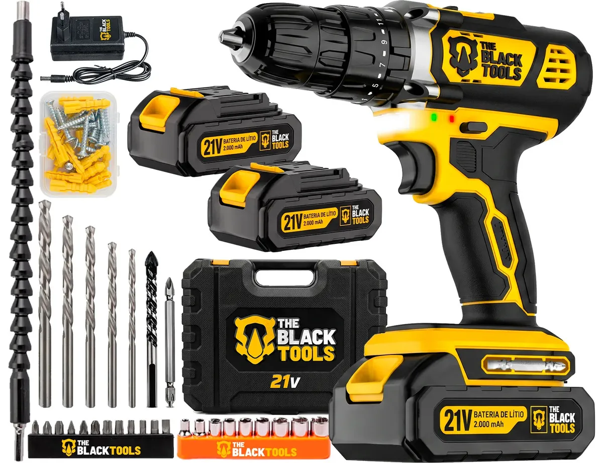 Parafusadeira Furadeira De Impacto 02 Baterias The Black Tools Profissional Tb-21px.2 Kit Completo Com Maleta Acessórios Amarelo E Preto 127/220v 60 Hz