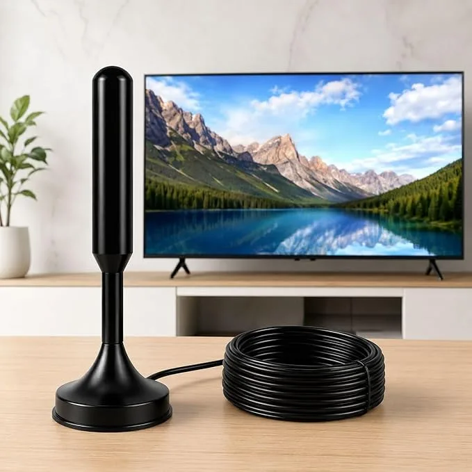 Antena TV Digital Amplificada Interna e Externa HDTV UHF VHF, Base Magnética com Super Ímã, Cabo de Longo Alcance, Compatível com TV Digital Full HD e 4K
