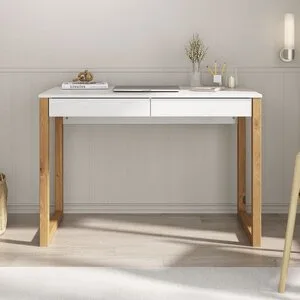 Mesa Escritório Branco Madeirado Retro 2 Gavetas 1 Nicho Noah